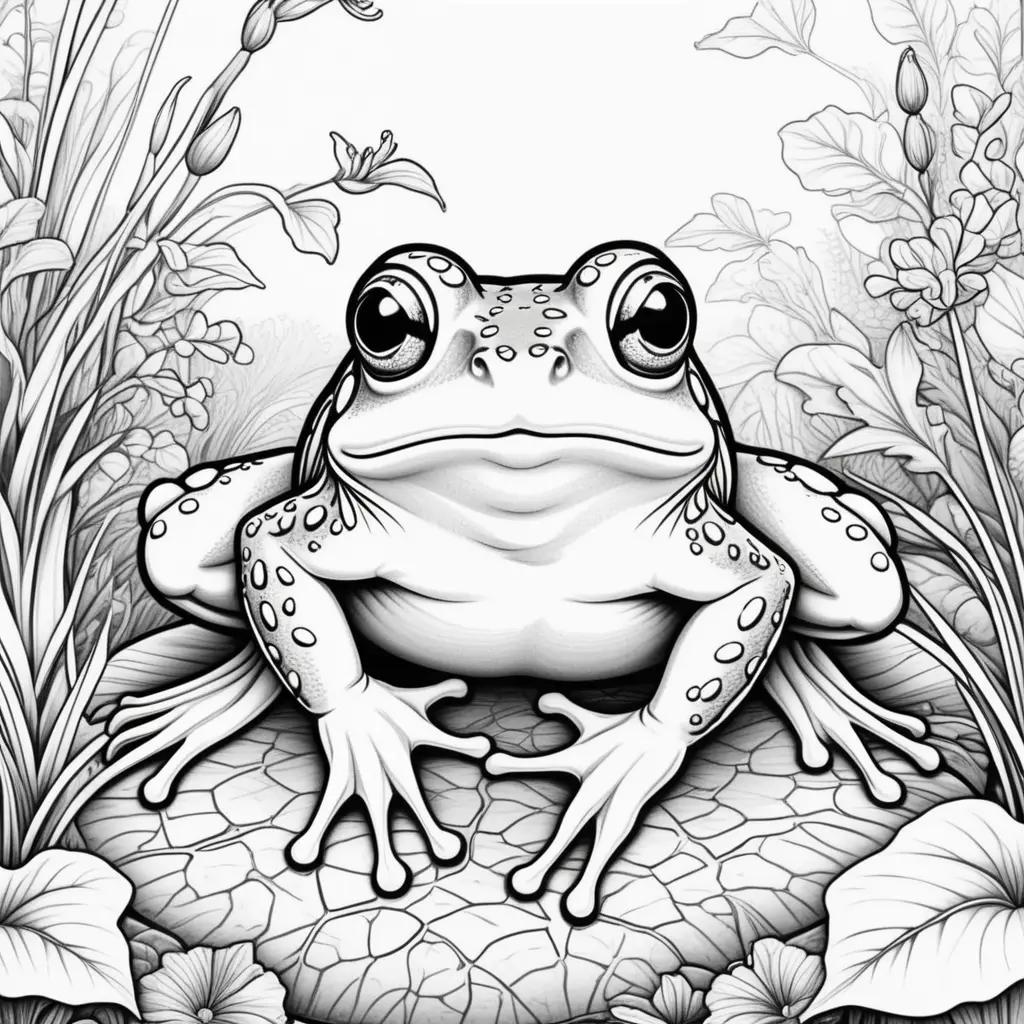 Frog coloring page featuring black and white illustrations of a frog on a leaf