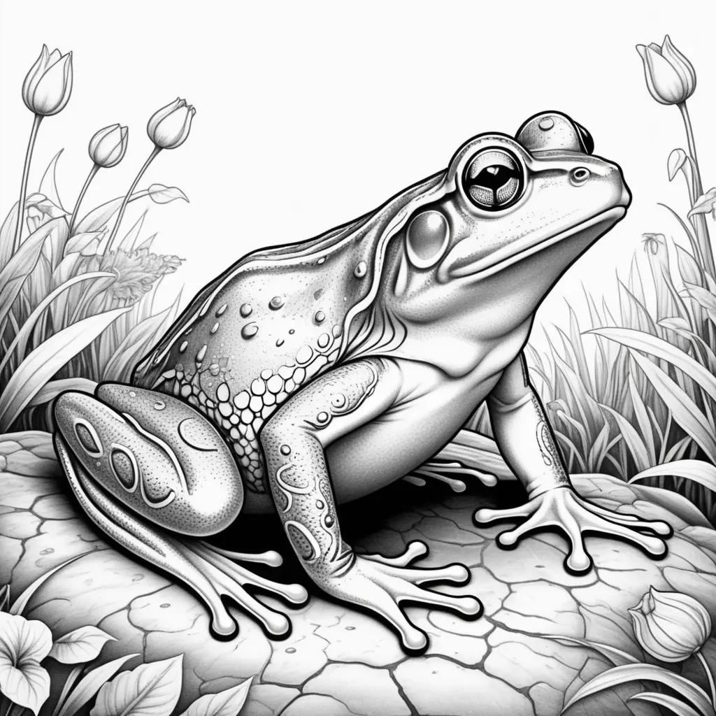 Frog coloring pages with intricate detail and black and white style