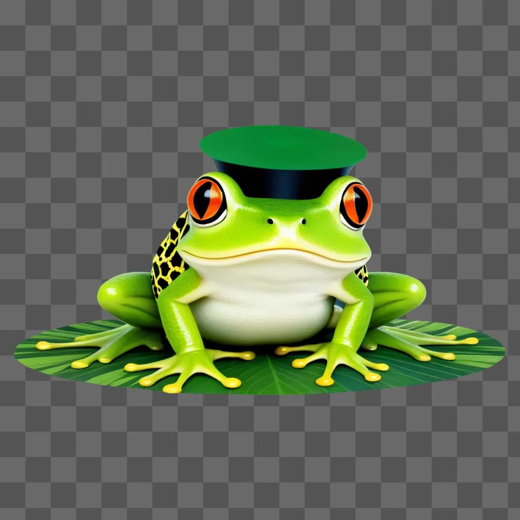 Frog with a black hat on a green background