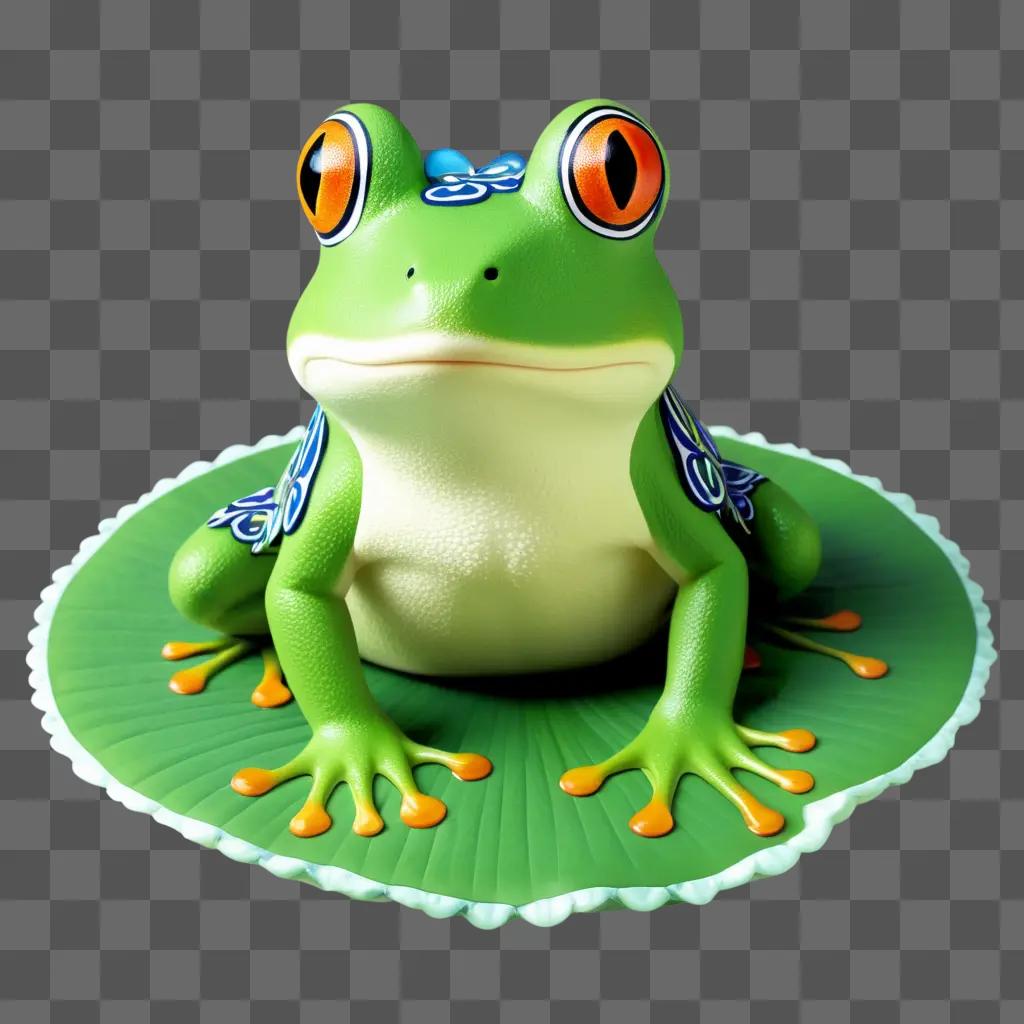 Frog with hat sitting on green leaf