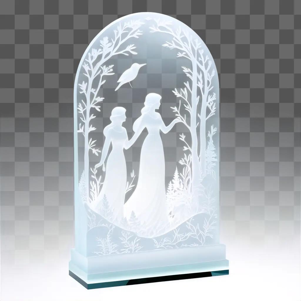 Frosted glass statue of two women in a tree