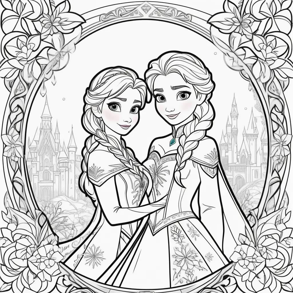 Frozen Anna and Elsa coloring pages featuring a castle and flowers