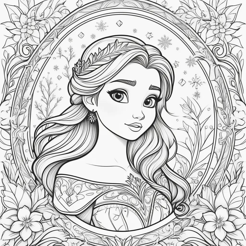 Frozen Princess Coloring Page with Snowflakes and Flowers