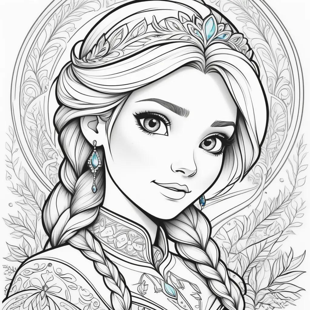 Frozen coloring page of Anna with a crown and earrings