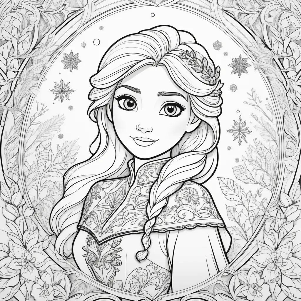 Frozen coloring page with Elsa, snowflakes, flowers, and leaves