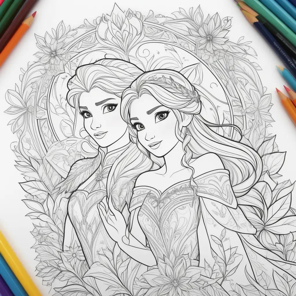 Frozen coloring page with coloring pencils and a frame