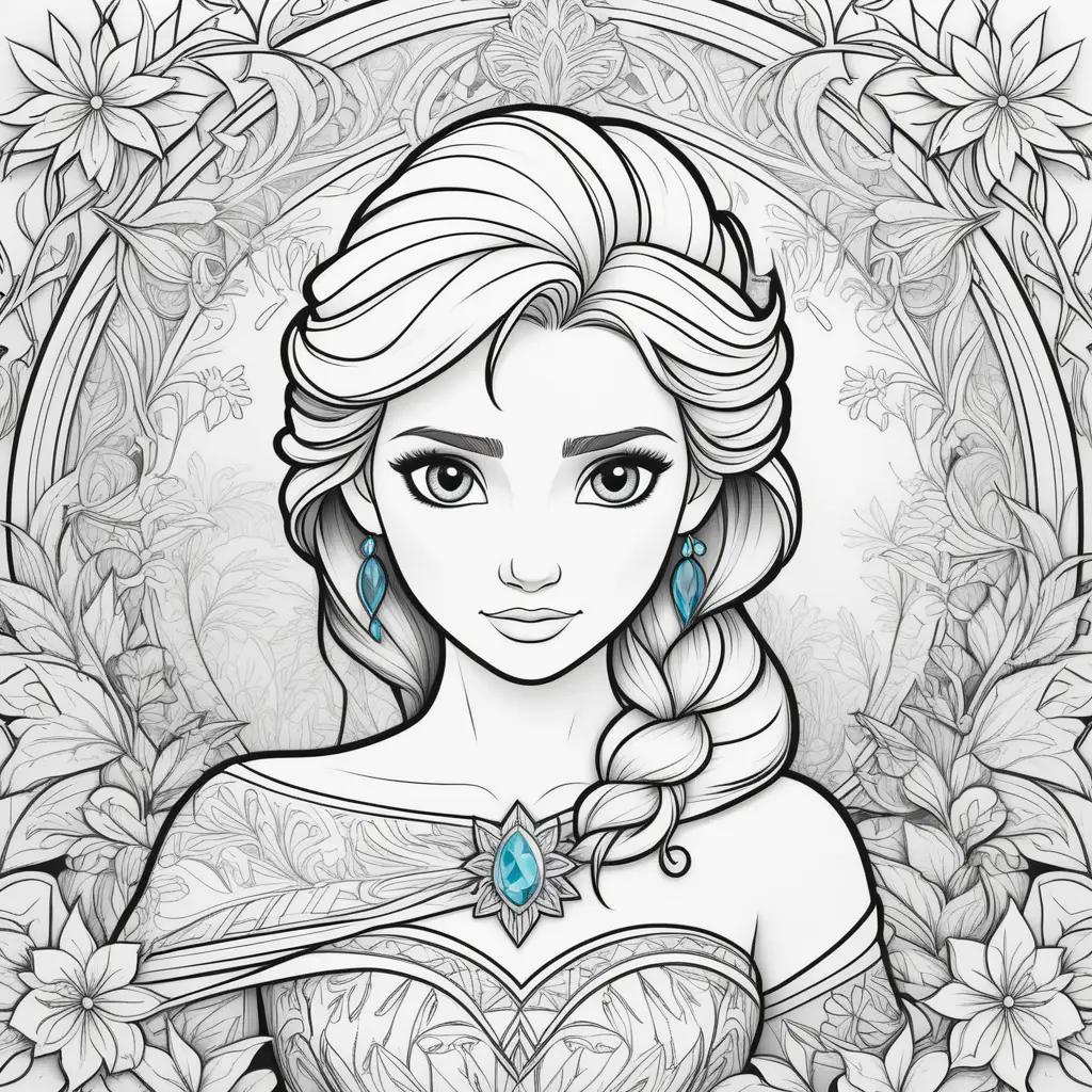 Frozen coloring pages: Princess Elsa, earrings, necklace, and flowers