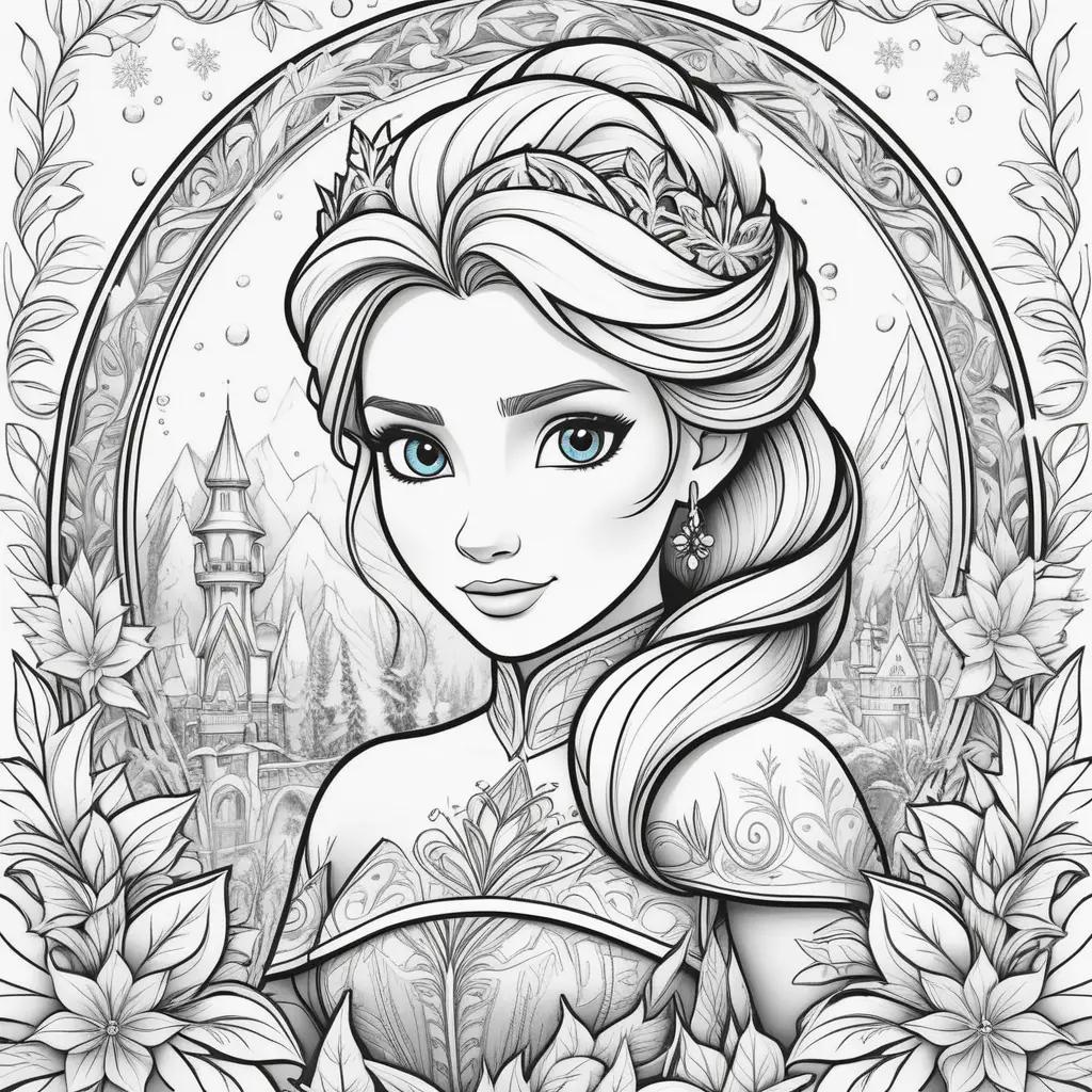 Frozen coloring pages featuring Elsa and her surroundings