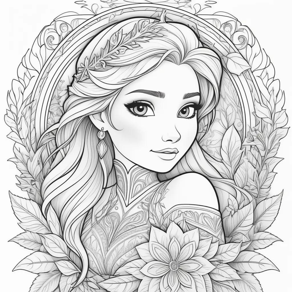 Frozen coloring pages for adults: princesses, crowns, and flowers