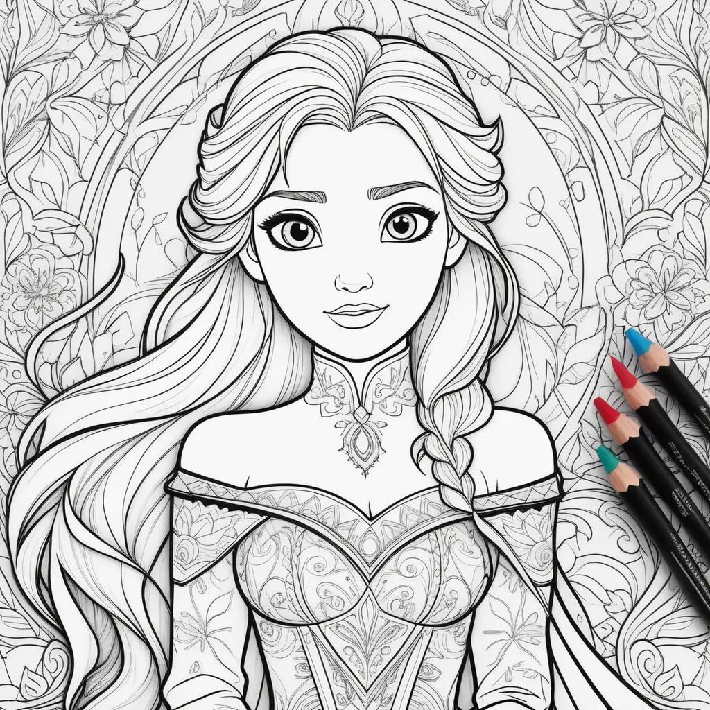 Frozen coloring pages with pencils and a girl