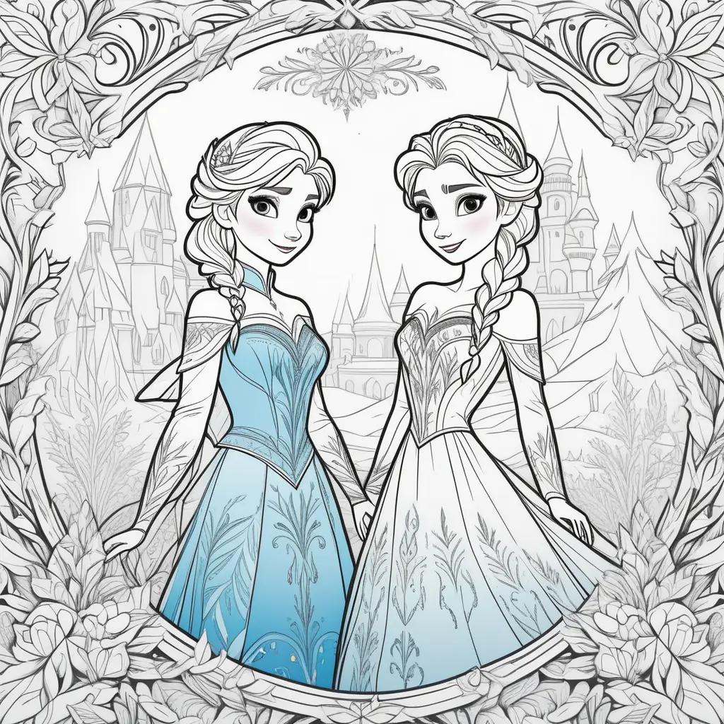 Frozen coloring pages with princesses and castle