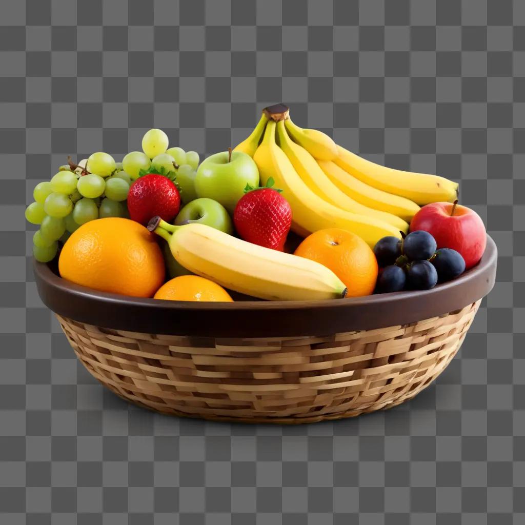 Fruit basket full of assorted fruits with bananas and strawberries