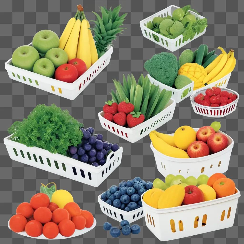 Fruit baskets in a grocery store with apples, oranges, bananas and berries