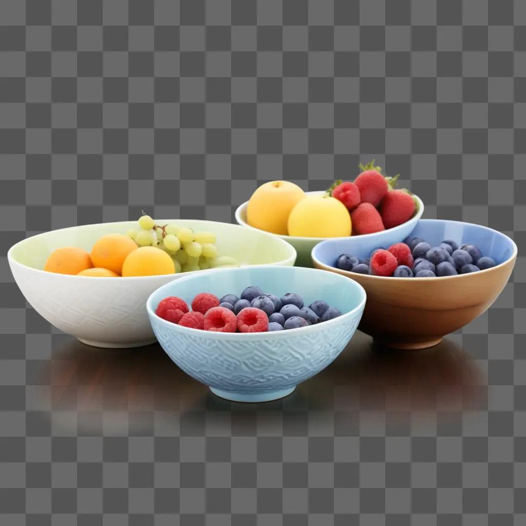 Fruit bowls sit on brown table with blurred background