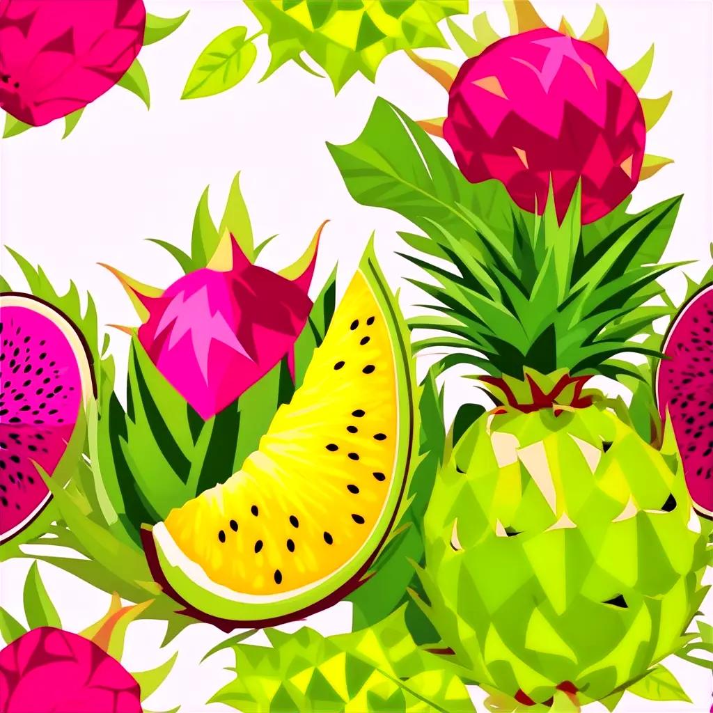 Fruit collage with tropical fruits and leaves