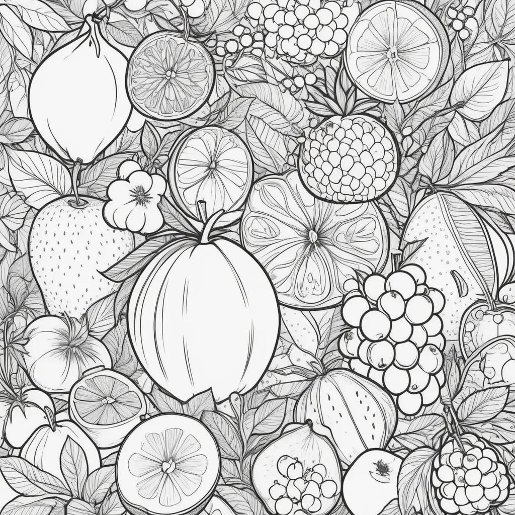 Fruit coloring page featuring a variety of fruits