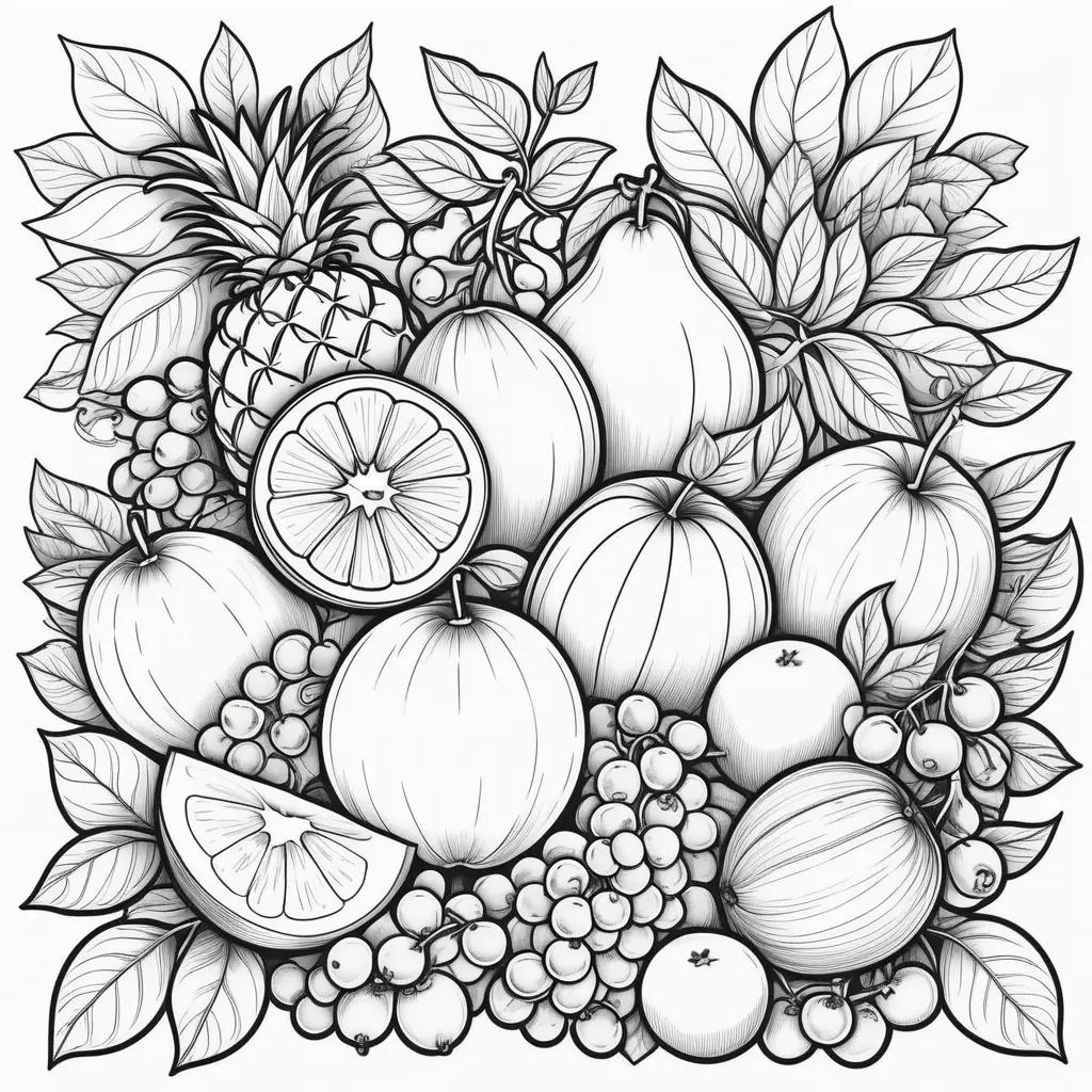 Fruit coloring page with black and white drawing of fruits