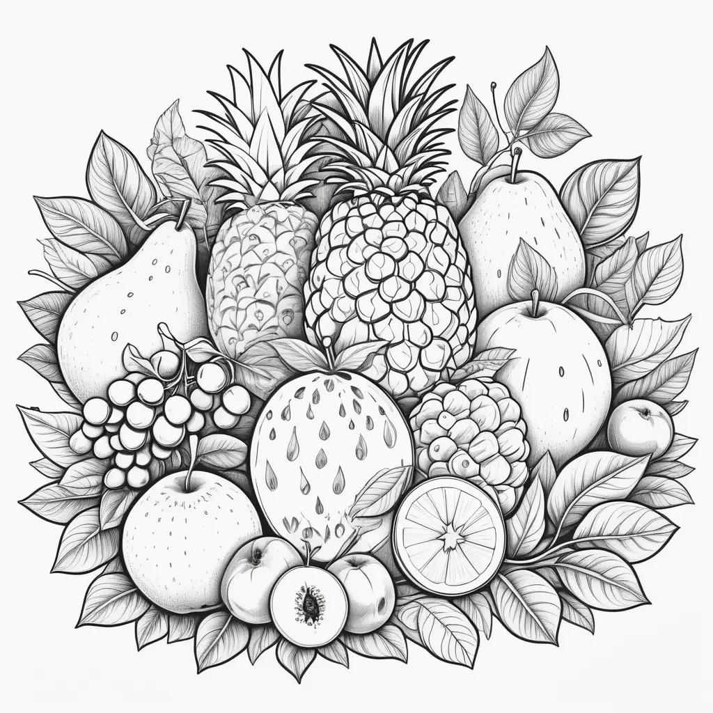 Fruit coloring page with black and white illustrations