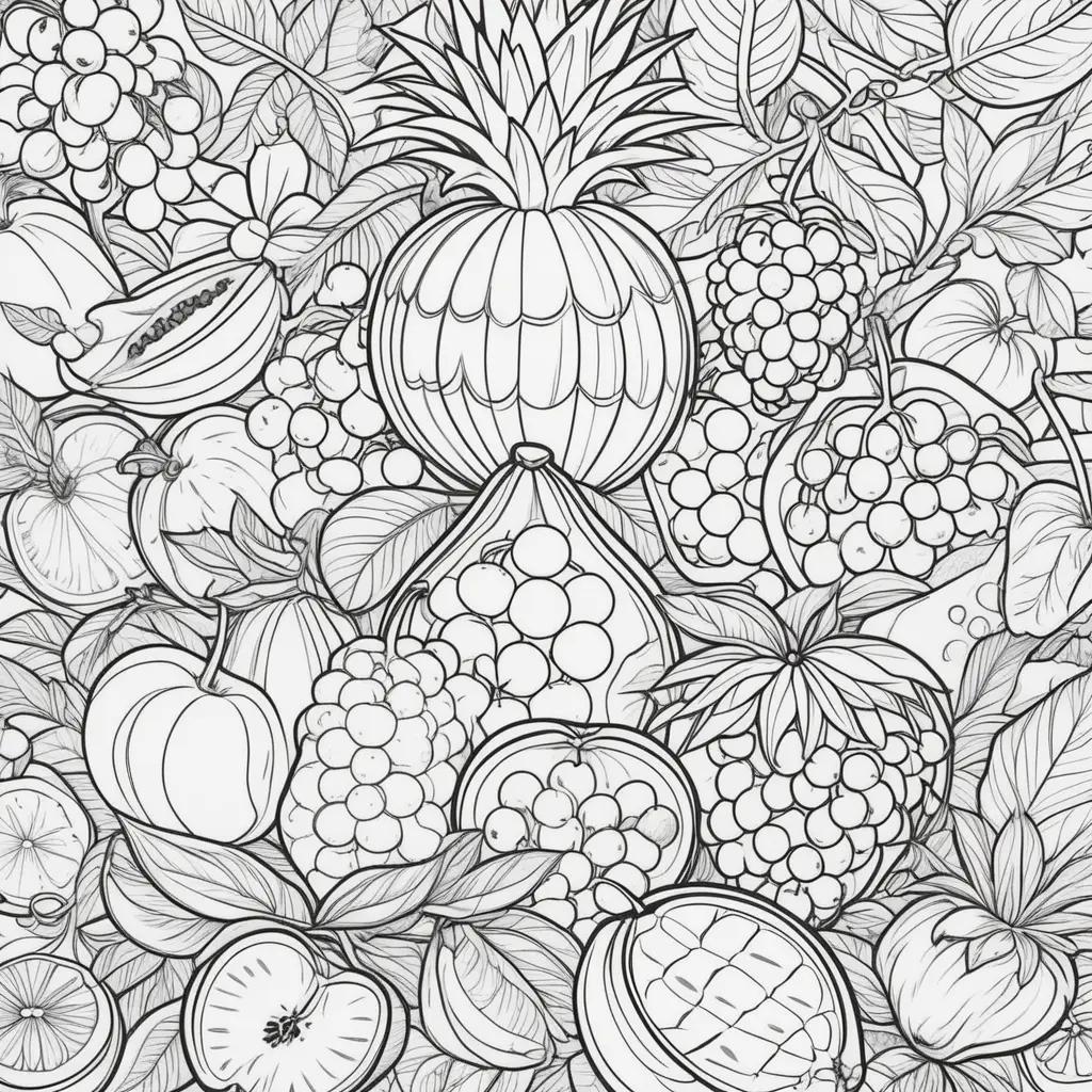 Fruit coloring page with black and white illustrations of various fruits