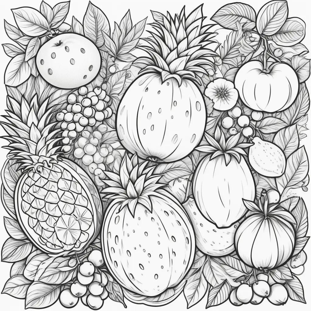 Fruit coloring pages with black and white illustrations of pineapples, strawberries, grapes, and more