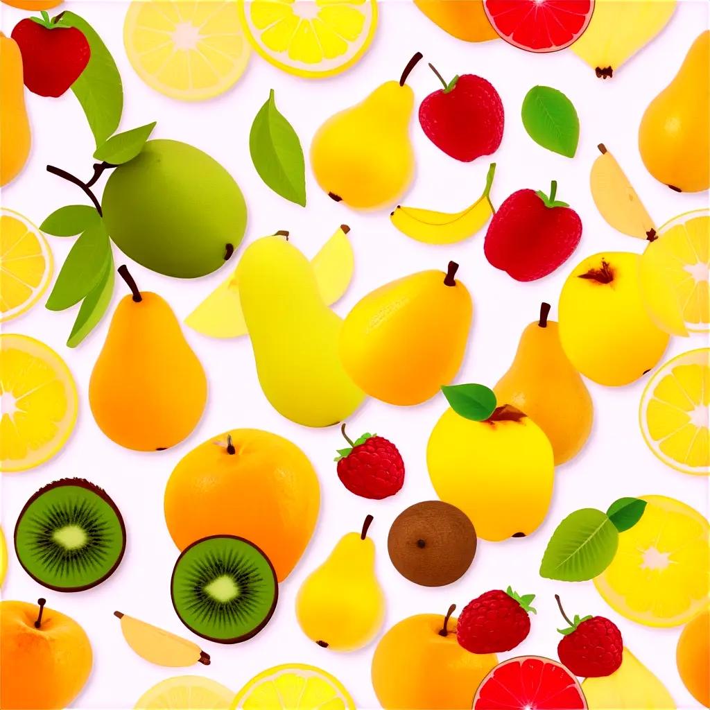 Fruit display on white surface with various colors