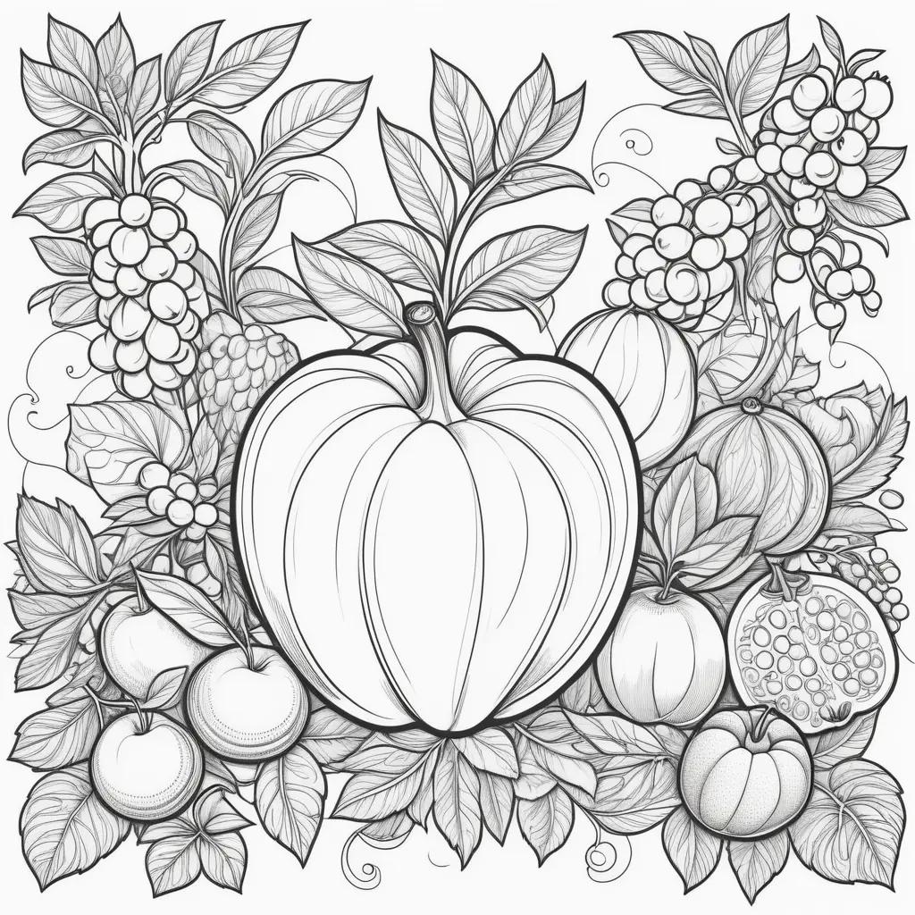 Fruit of the Spirit Coloring Page: A Pumpkin and Pear surrounded by Grapes and Berries