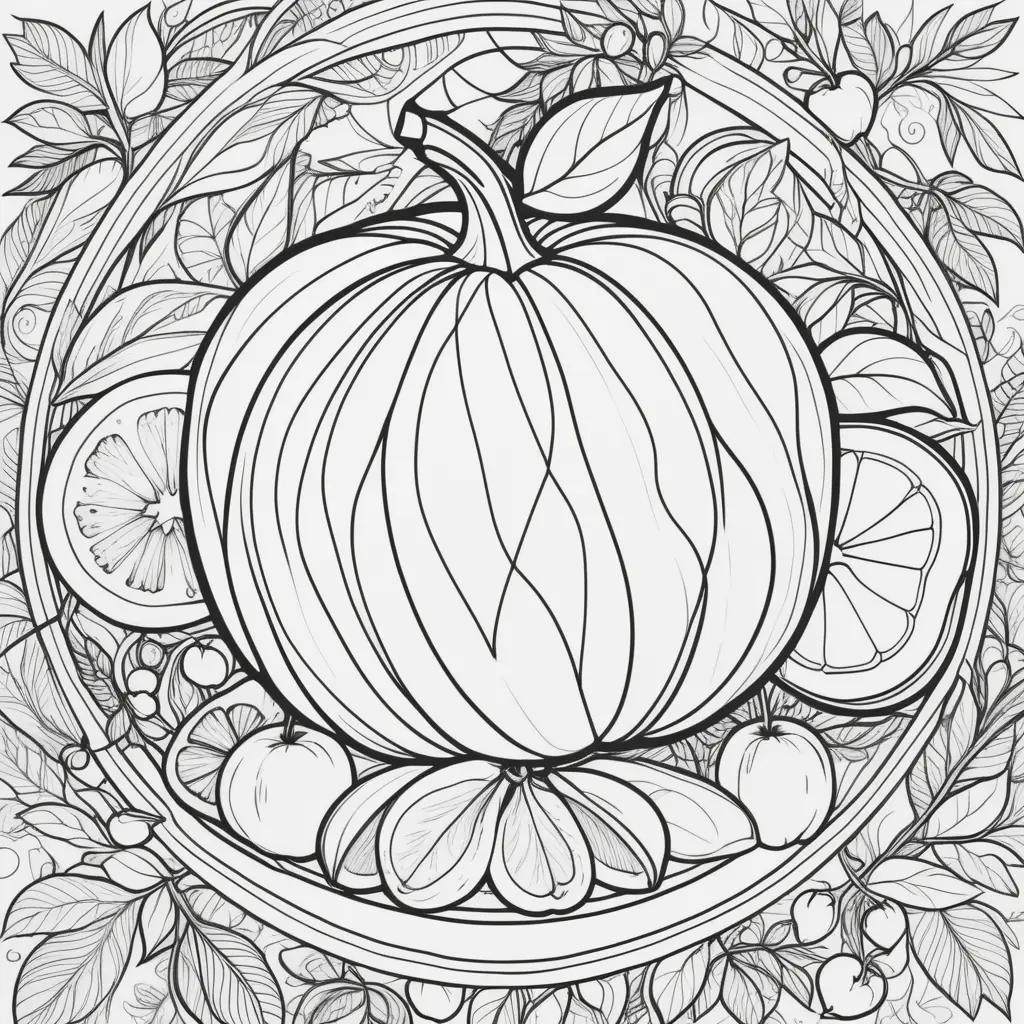 Fruit of the Spirit Coloring Page: A circle with a pumpkin and fruit around it