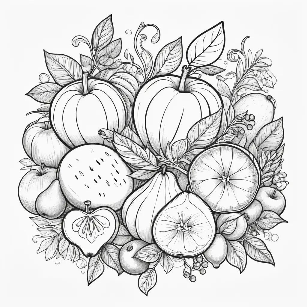 Fruit of the Spirit Coloring Page: A lovely black and white drawing of fruit and leaves