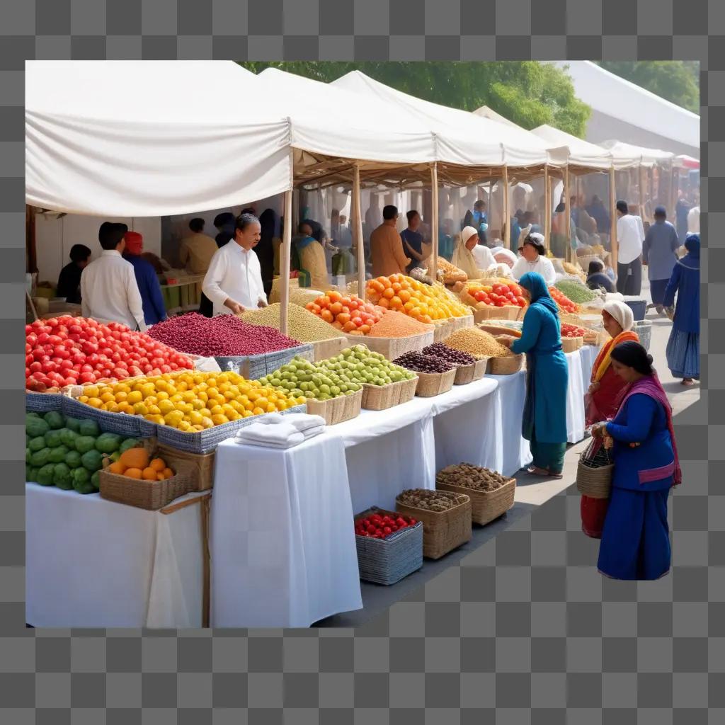 Fruit stand on a market street with people gathered