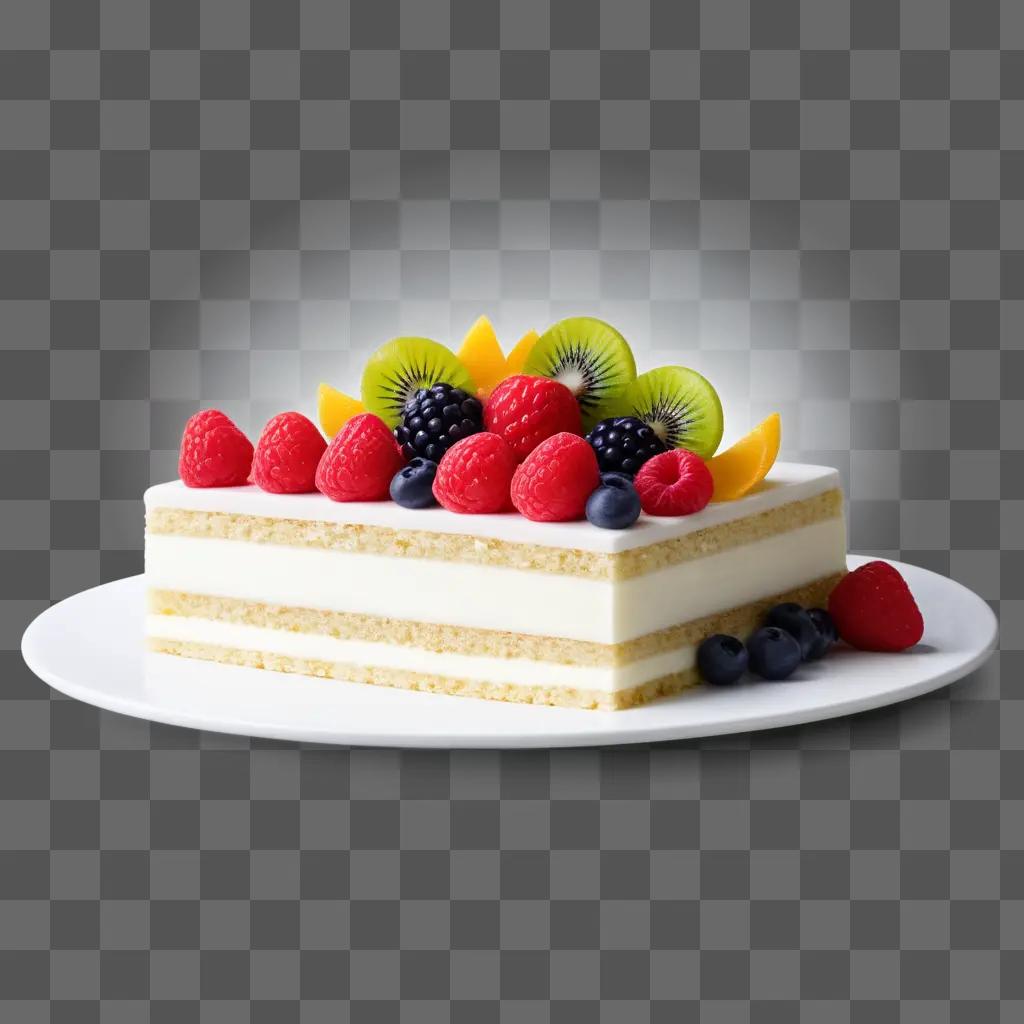 Fruit-topped cake slice on white plate