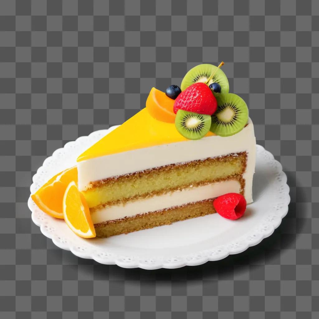 Fruit-topped slice of cake on plate