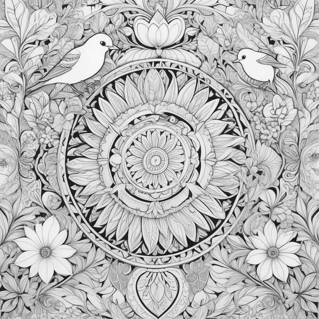 Fun coloring pages for adults with birds and flowers