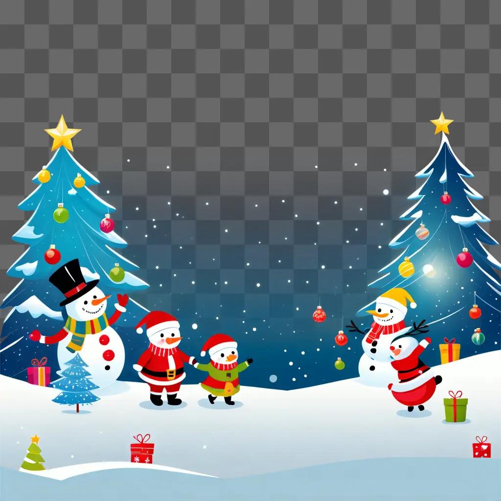 Funny Christmas background with snowmen, presents and tree