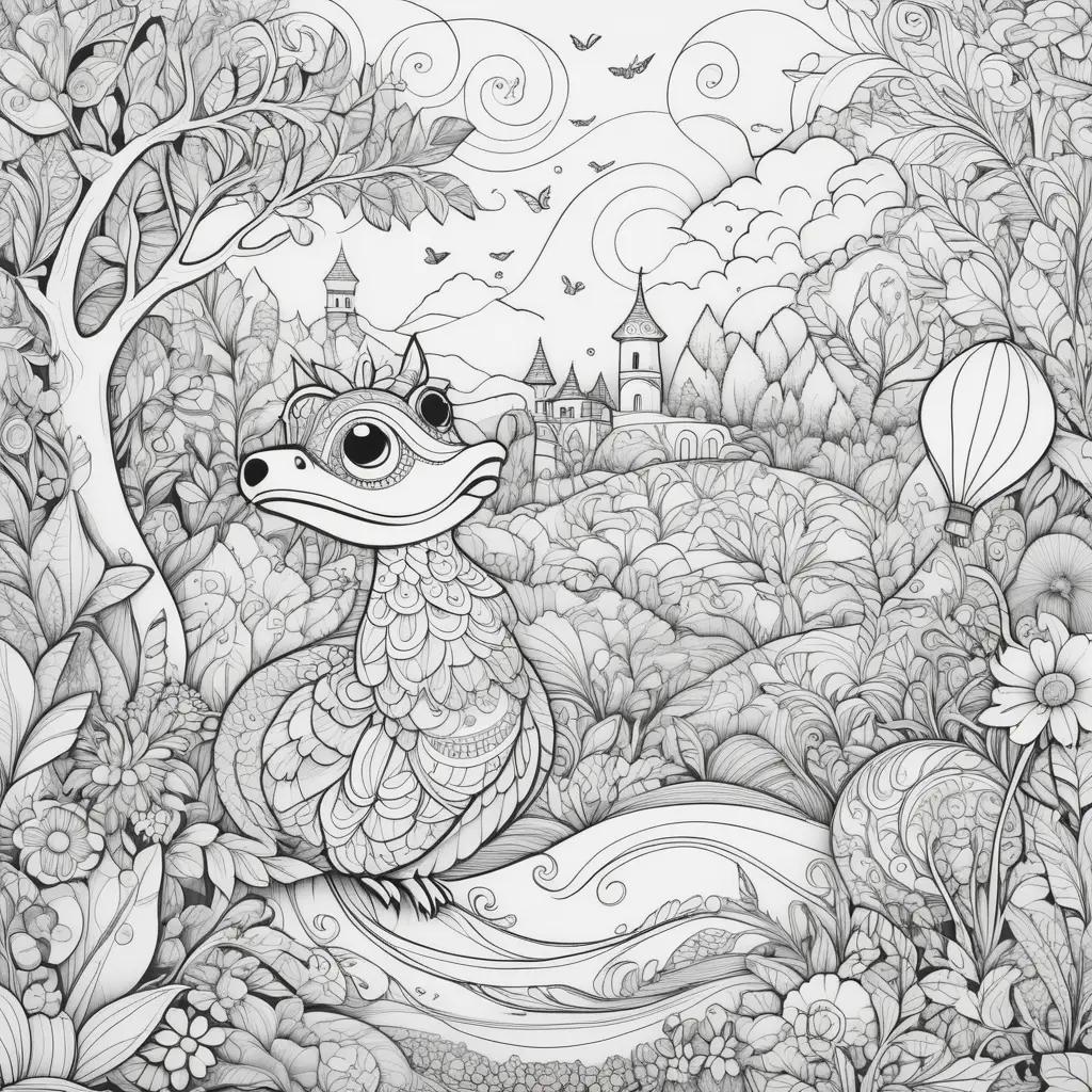 Funny adult coloring pages of a dragon and a castle