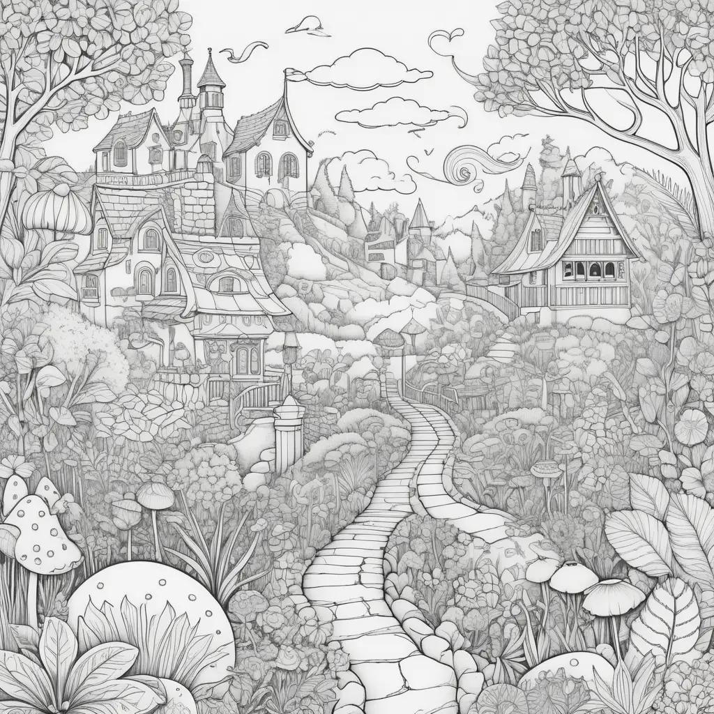 Funny adult coloring pages of a whimsical village