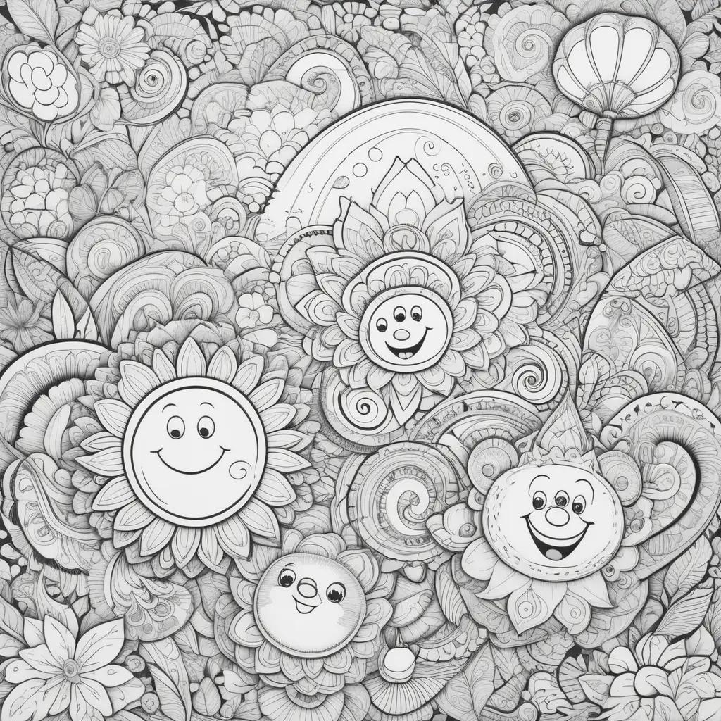 Funny coloring pages with smiling faces and flowers