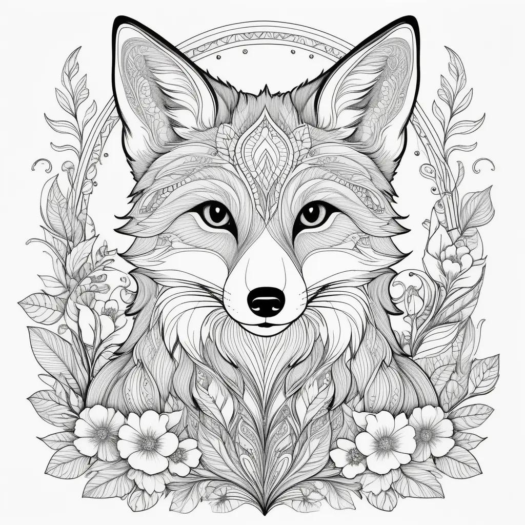 Funny fox coloring pages with flowers and leaves