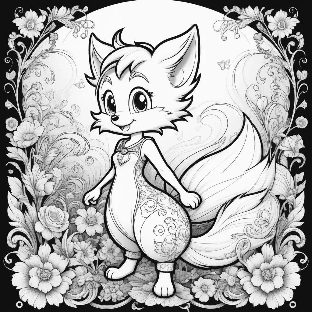 Furry animal with colored tail in black and white illustration