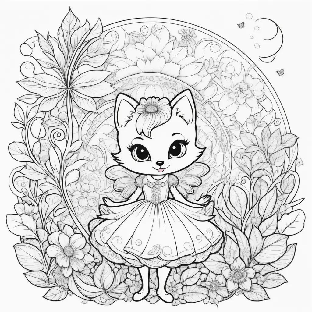 Furry cat with shadow coloring page featuring a flower and a moon