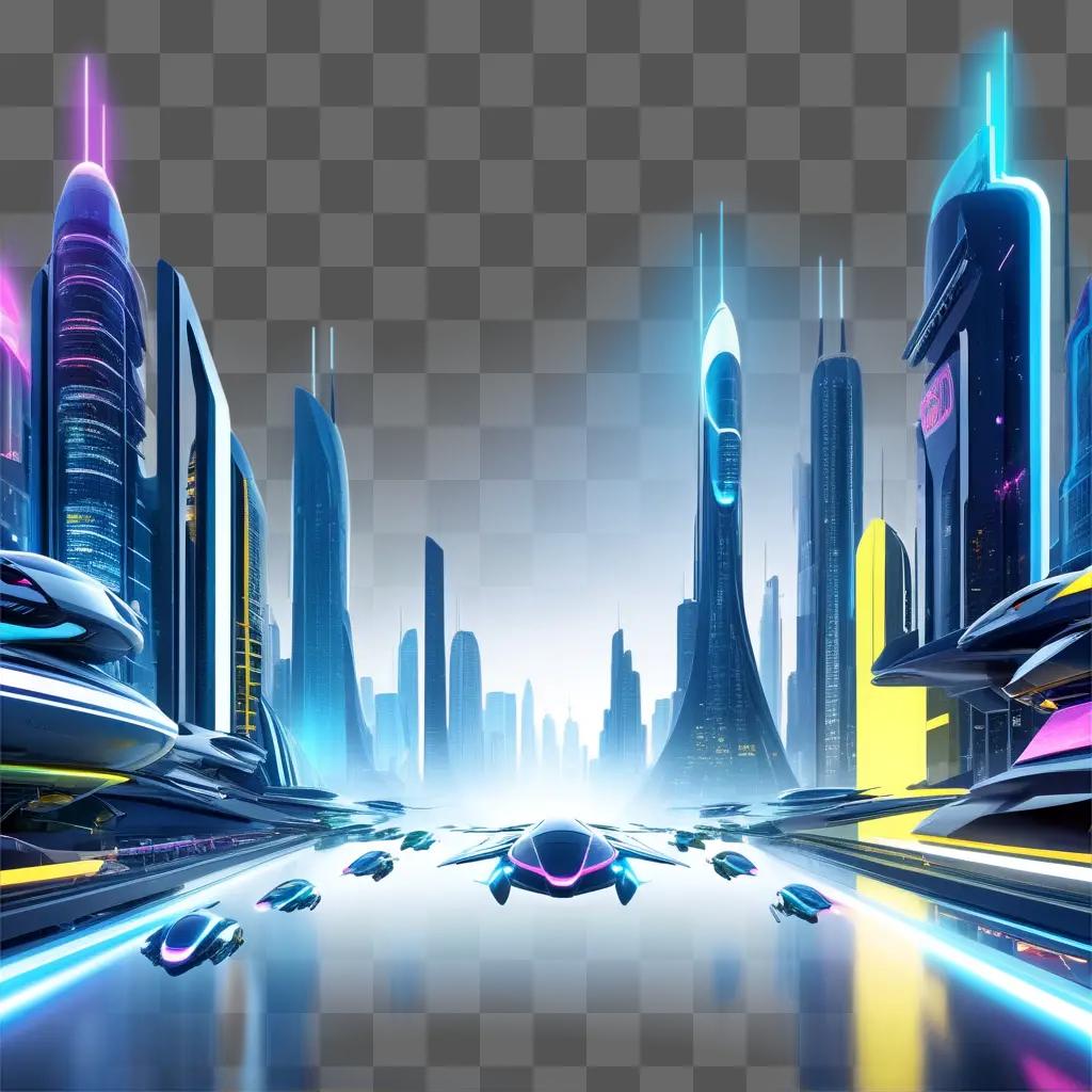 Future cityscape with flying cars and neon lights