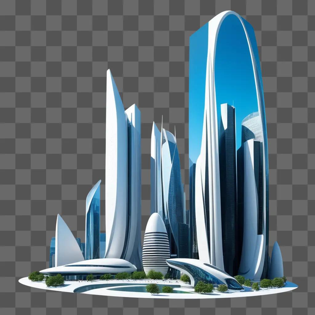 Future cityscape with futuristic buildings and green spaces