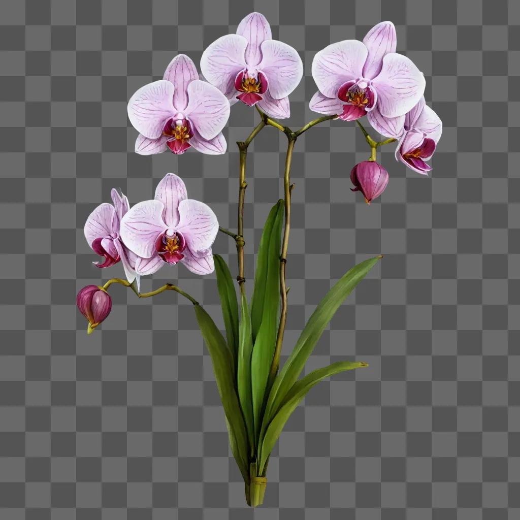 Fuzzy orchid flowers with buds on stem