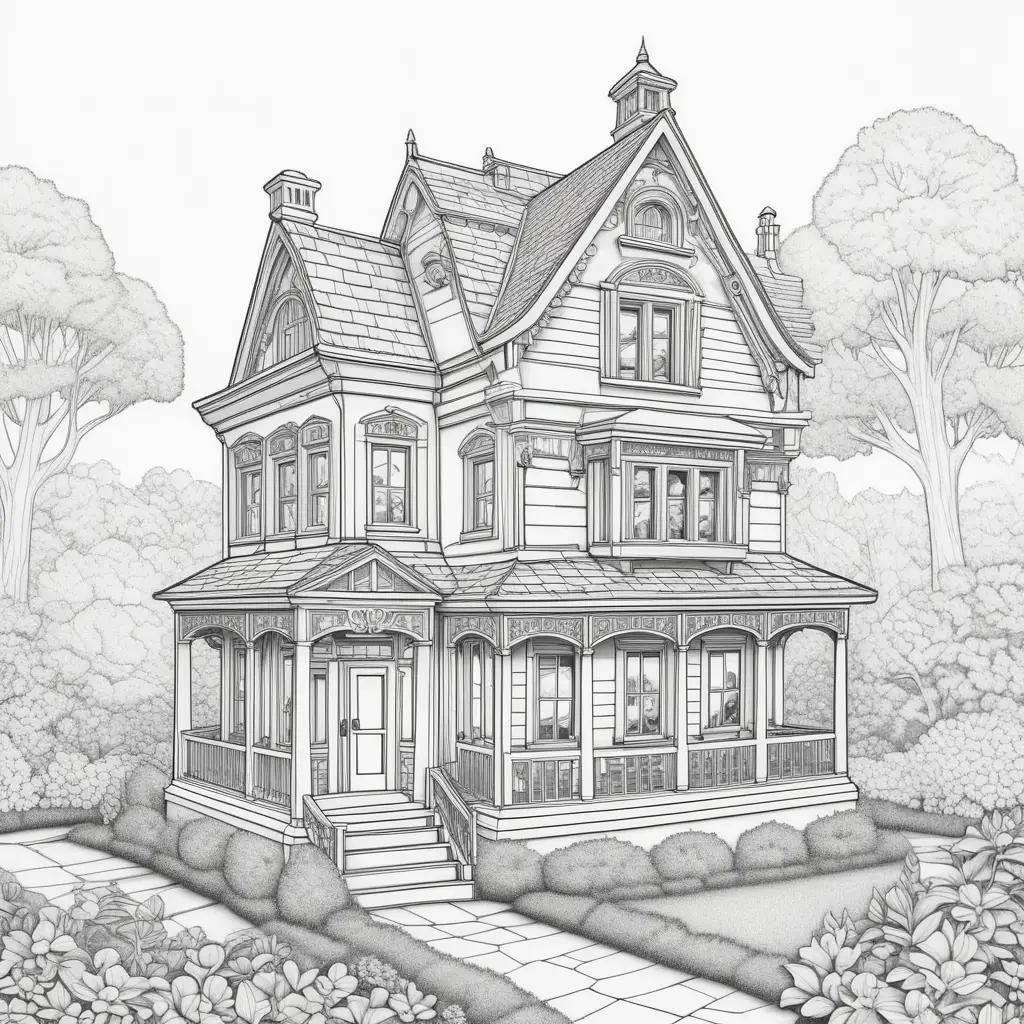 Gabby Dollhouse Coloring Page: A charming drawing of a Victorian house with a charming garden