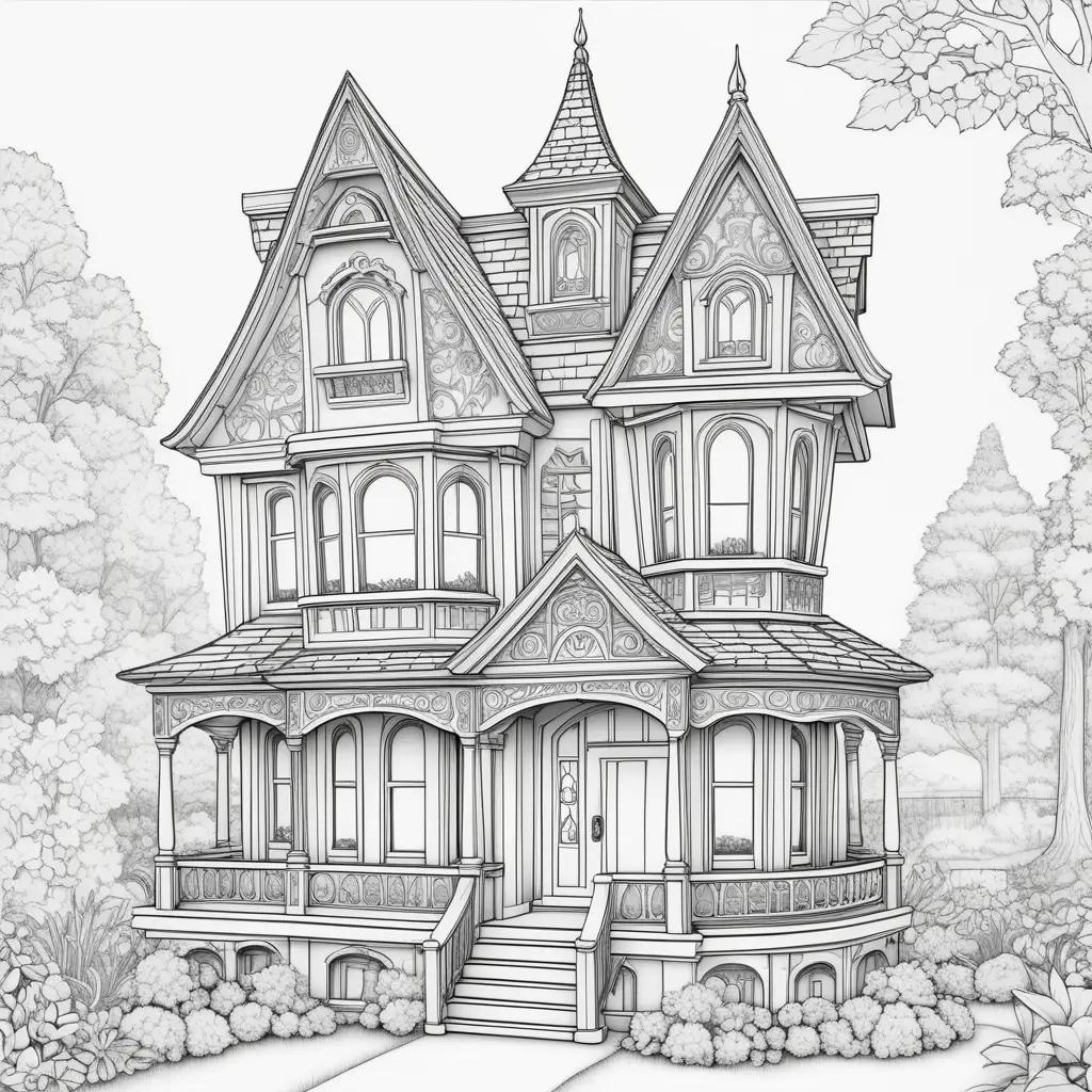 Gabbys Dollhouse Coloring Pageは、装飾的なバルコニー付きの3階建ての家のヴィンテージ画を特徴としています