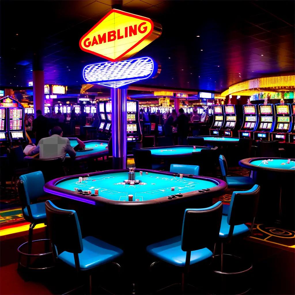 Gambling Casino with neon lights and tables