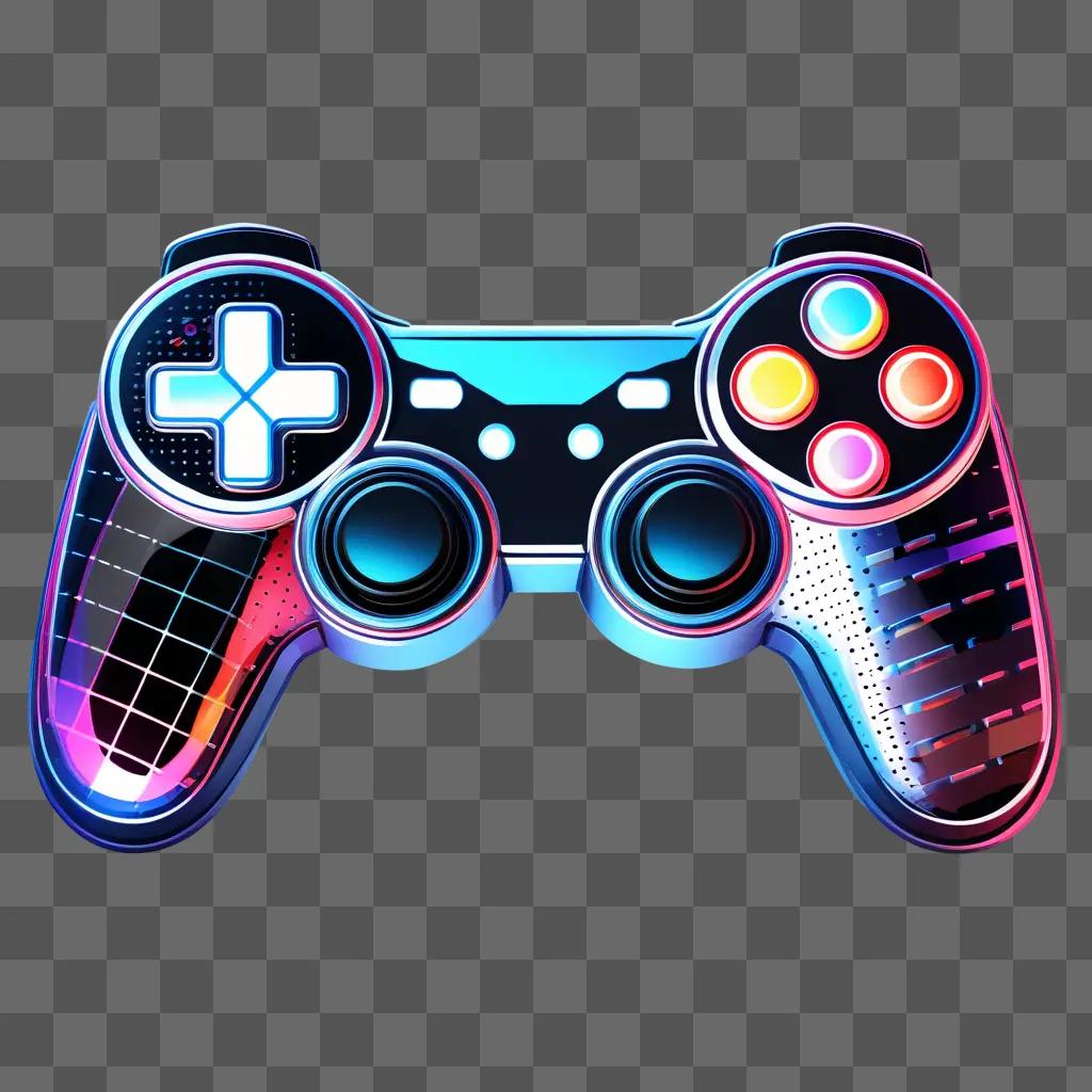 Game controller with glowing buttons and joysticks on a dark background