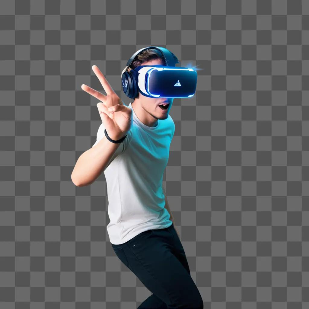 Gamer in VR headset makes peace sign