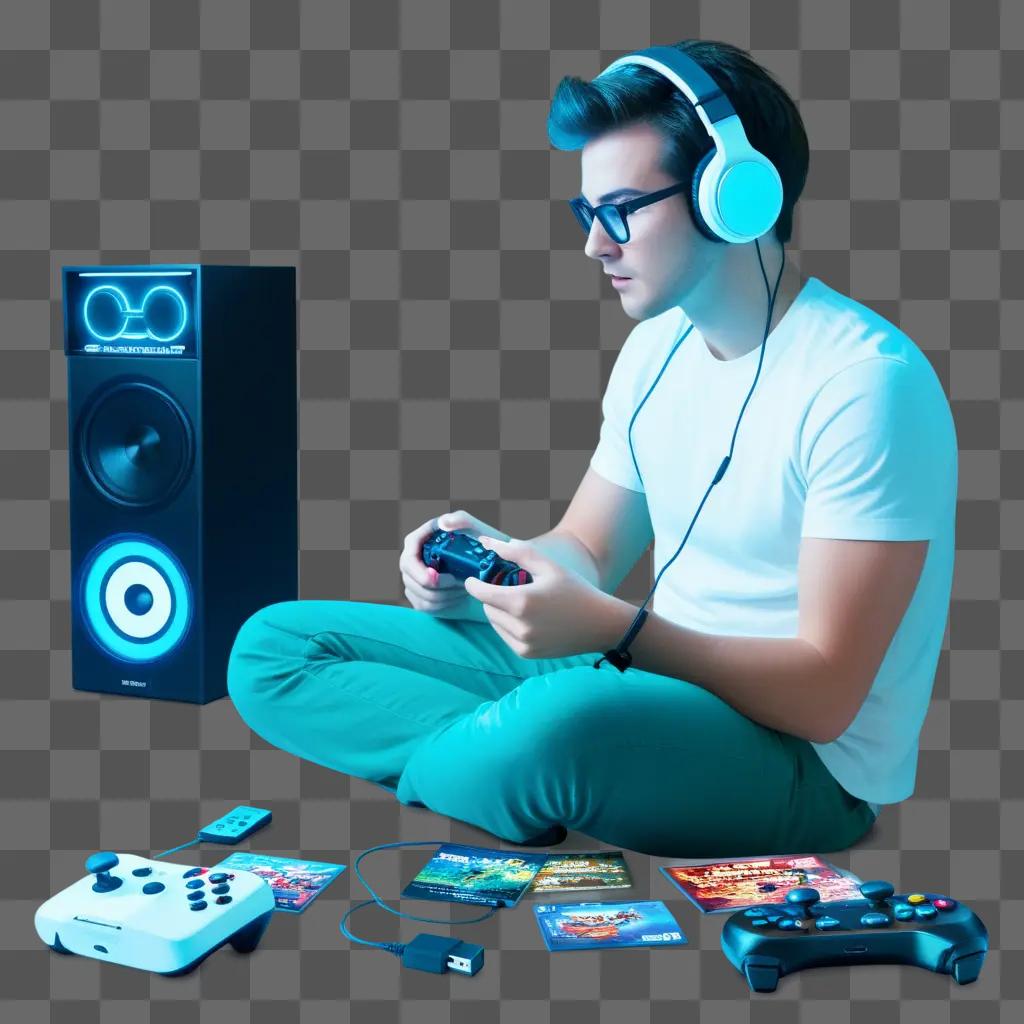 Gamer with headphones sitting in front of a stereo