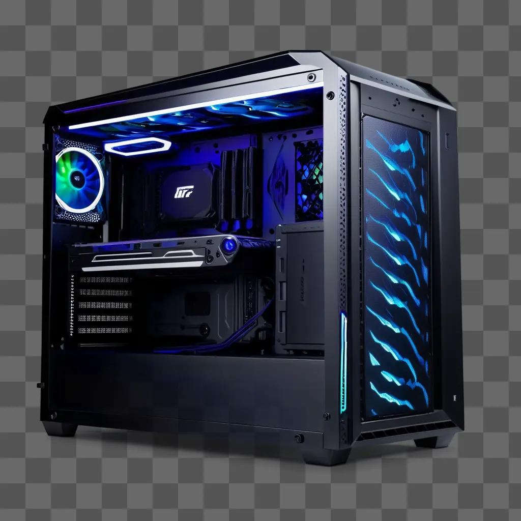 Gaming PC with blue lights and a fan