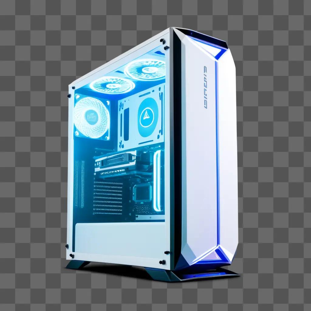 Gaming PC with white lights and blue background